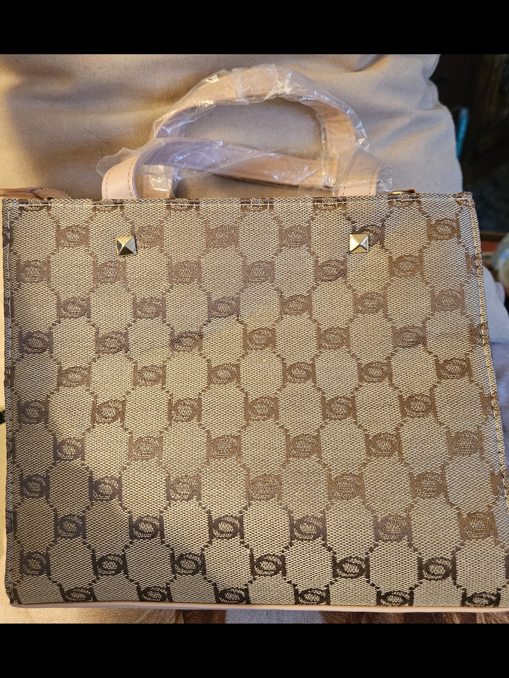 bebe Beige Logo Tote with Pink Trim - Picture 3 of 5